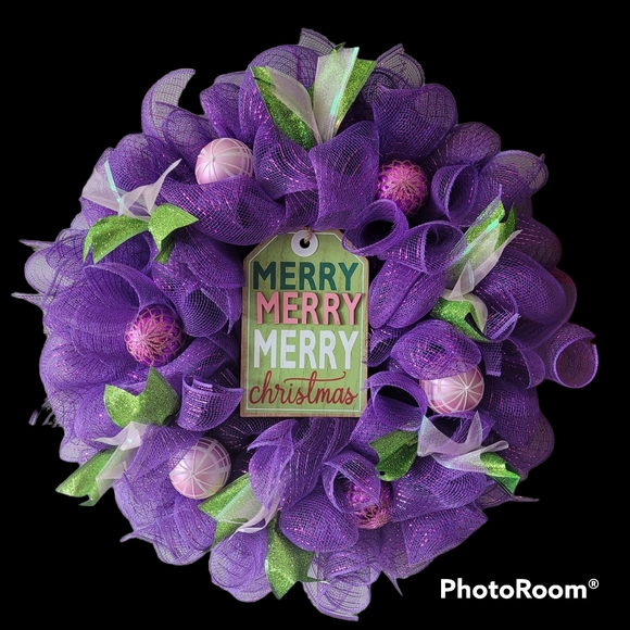 Purple, Pink, and Green Christmas Wreath Door Hanger with Ribbons and Merry Sign - Picture 3 of 4